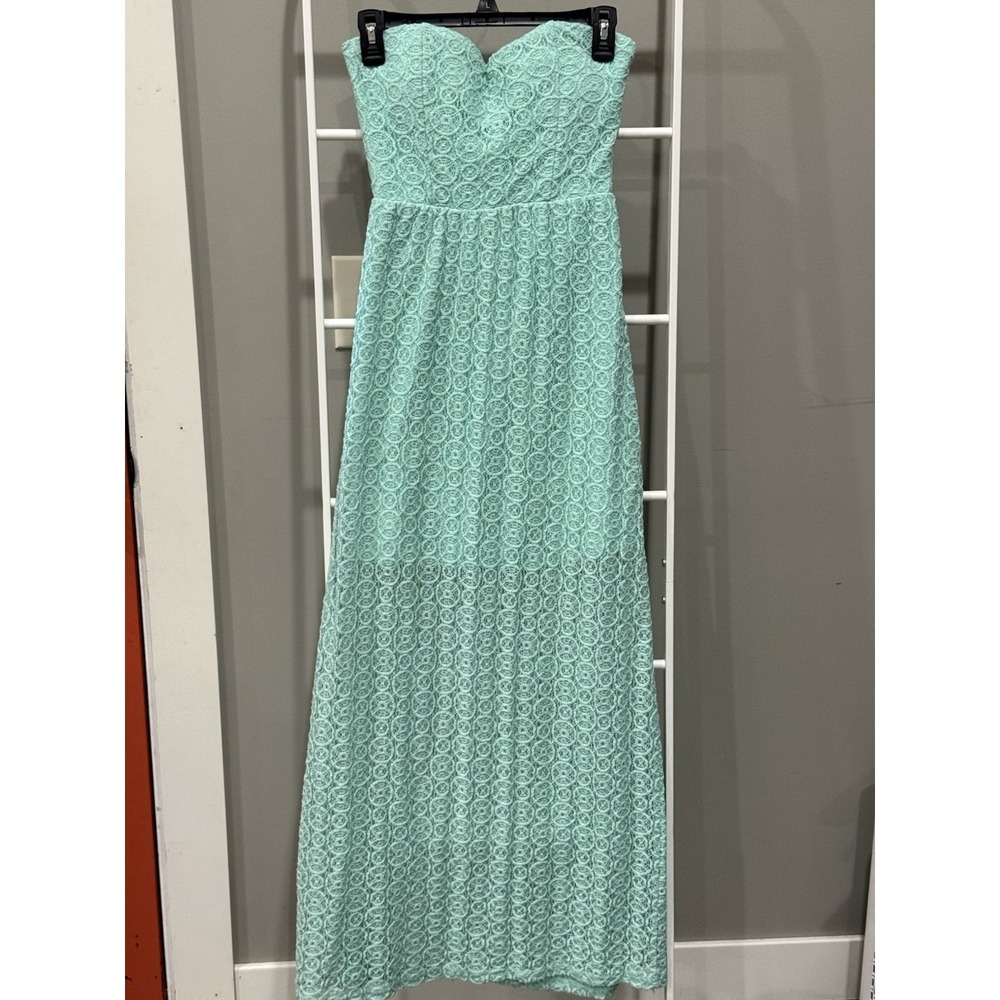 Long Lace Strapless Dress Coquette Romantic Boho Size M 7/9 Sea foam Green